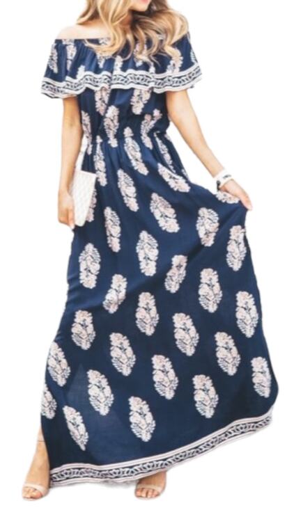 Kori America Dresses & Skirts - Kori America Women's Navy/Tan/White Floral Off-The-Shoulder Maxi Dress | Size L